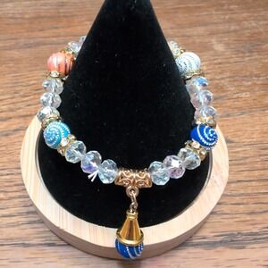 Multi Color Enamel Swirl Bead Crystal Stretch Bracelet Gold Tone Charm VG+